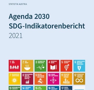 Titelseite der Broschüre mit dem Text Agenda 2030 SDG‑Indikatorenbericht 2021, dem Logo der Statistik Austria und die 17 Nachhaltigkeitsziele in Form von quadratischen Kästchen angeordnet